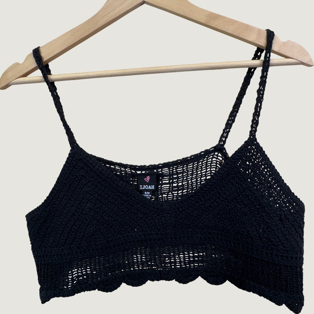 IJOAH‎ Crochet Knit Bralette Crop Top S/M Black Boho Festival Summer Camisole